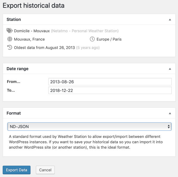 The data export form